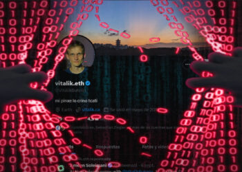 manos separando codigo con perfil de Vitalik Buterin en la red social X en el fondo