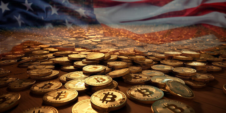 monedas de bitcoin apiladas sobre mesa con bandera de Estados Unidos en el fondo