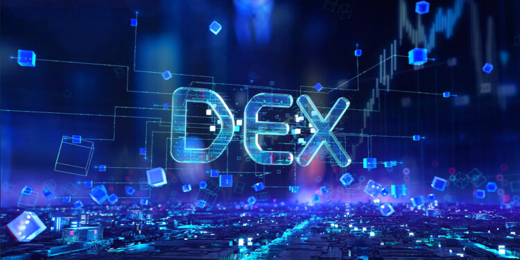 DEX sobre plataforma difital con bloques y grafico de precio en el fondo