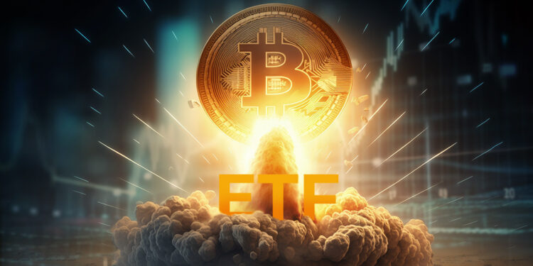 moneda de bitcoin impulsada por explosión de ETF y grafico de precio en alza en el fondo