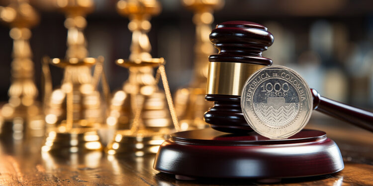 moneda de 100 pesos colombianos junto a martillo de juez con instrumentos legales en el fondo