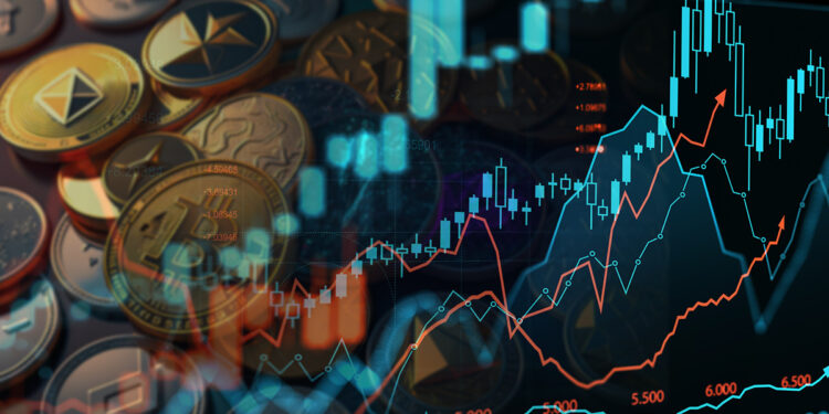 criptomonedas junto a grafico de precio en aumento