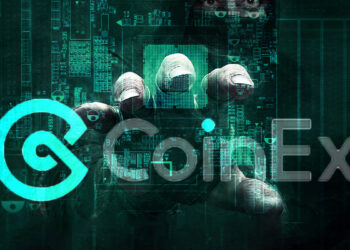 logo de CoinEx con hacker extendiendo su mano entre codigo