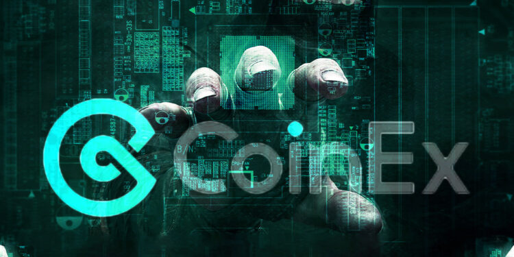 logo de CoinEx con hacker extendiendo su mano entre codigo