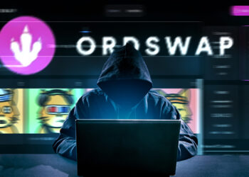 hacker en computadora con plataforma de Ordswap en el fondo