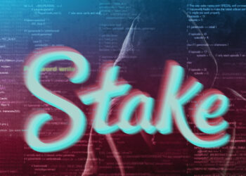 logo de stake con hacker y codigo de fondo