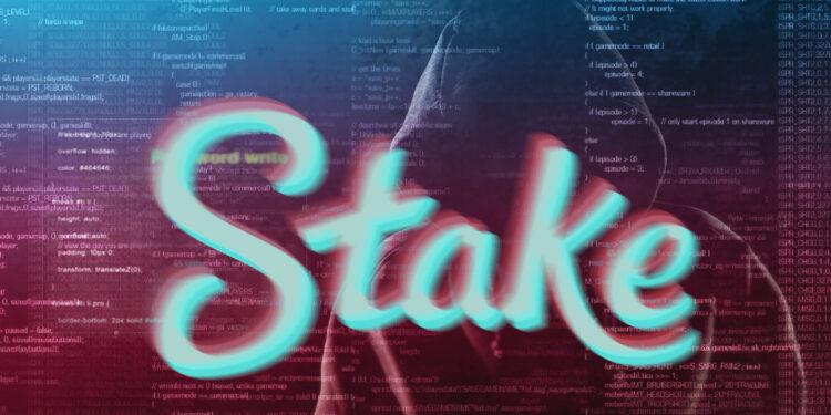 logo de stake con hacker y codigo de fondo