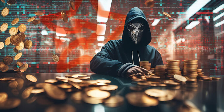 hacker contando monedas apiladas sobre mesa con codigo y logo de Stars Arena en el fondo