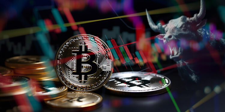 moneda de bitcoin con grafico dew precio en bajada junto a toro