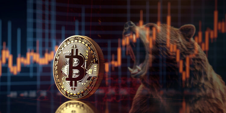 moneda de bitcoin con grafico de precio y oso en el fondo