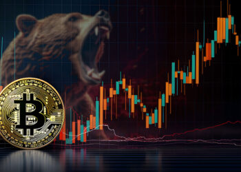 moneda de bitcoin junto a grafico de precio con oso en el fondo