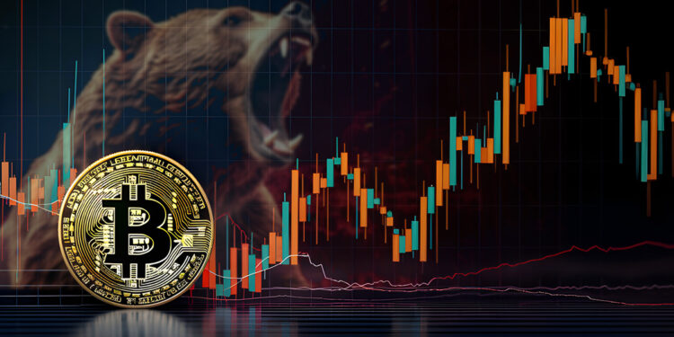 moneda de bitcoin junto a grafico de precio con oso en el fondo