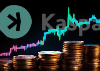 logo de Kaspa sobre monedas apiladas con grafico de precio alcista en el fondo