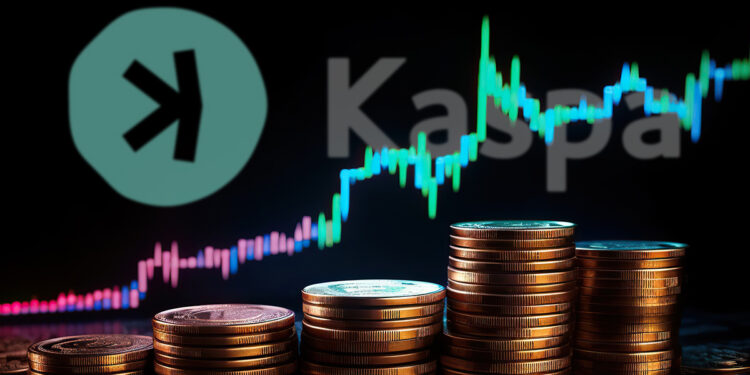 logo de Kaspa sobre monedas apiladas con grafico de precio alcista en el fondo