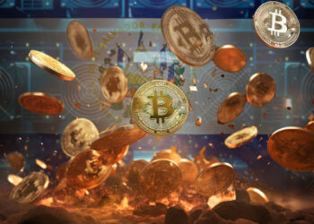 monedas de bitcoin explotando desde el suelo con mineros ASIC y bandera de El Salvador en el fondo