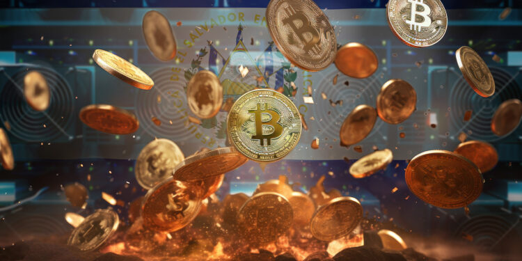 monedas de bitcoin explotando desde el suelo con mineros ASIC y bandera de El Salvador en el fondo