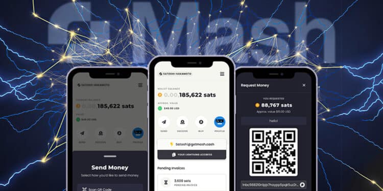 telefonos moviles con la aplicación de la wallet mash de bitcoin con relampagos en el fondo