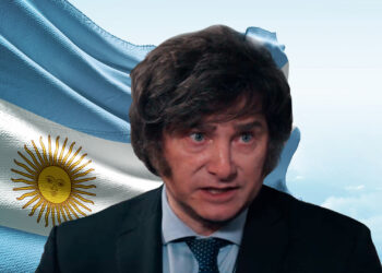 Milei y bandera de Argentina.