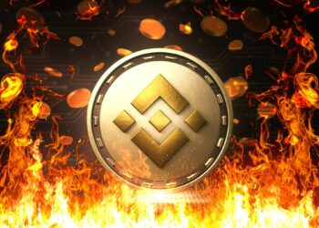 moneda de BNB de Binance entre llamas con monedas cayendo en el fondo