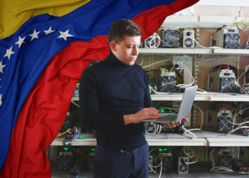 Minero de bitcoin y bandera de Venezuela.