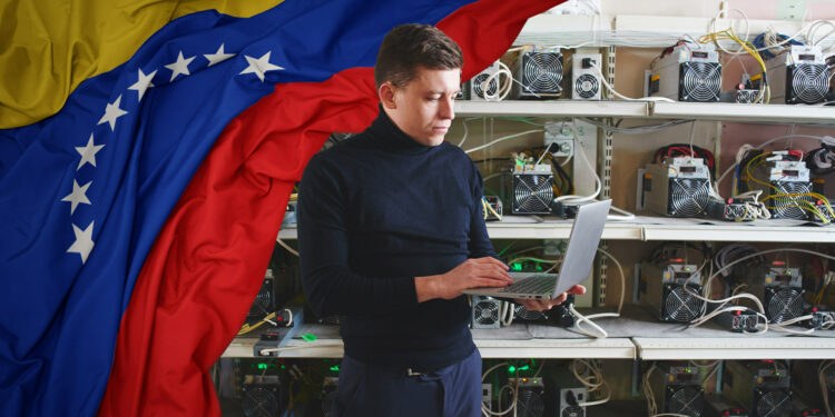 Minero de bitcoin y bandera de Venezuela.