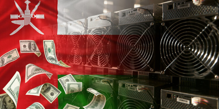 Mineros de bitcoin, bandera de Omán y dólares.