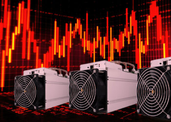 mineros asic con graficos de precio en rojo en el fondo