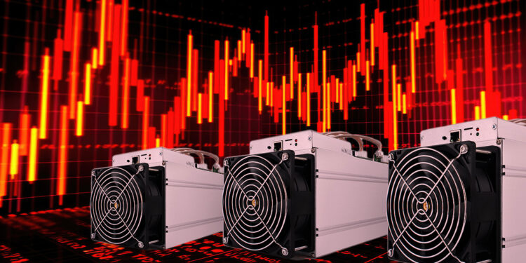 mineros asic con graficos de precio en rojo en el fondo