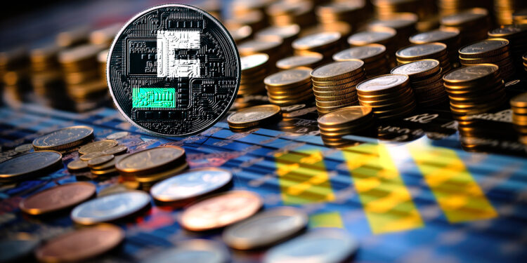 moneda de FDUSD entre monedas apiladas sobre pantalla con grafico de precio y logo de BUSD
