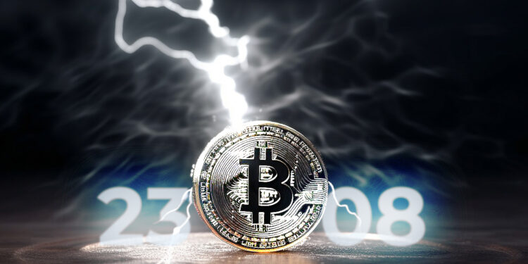 moneda de bitcoin en red de relampagos con numeros 23.08