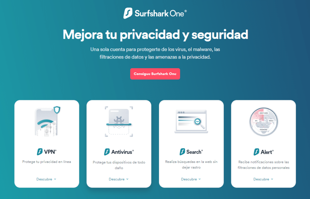 Algunas funciones de la versión One de Surfshark: VPN, Antivirus, Search y Alert.