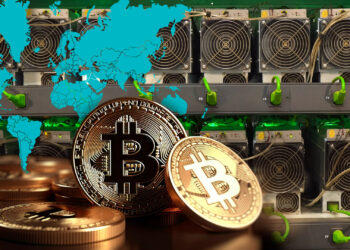 Bitcoin, mapa mundial y mineros de bitcoin.