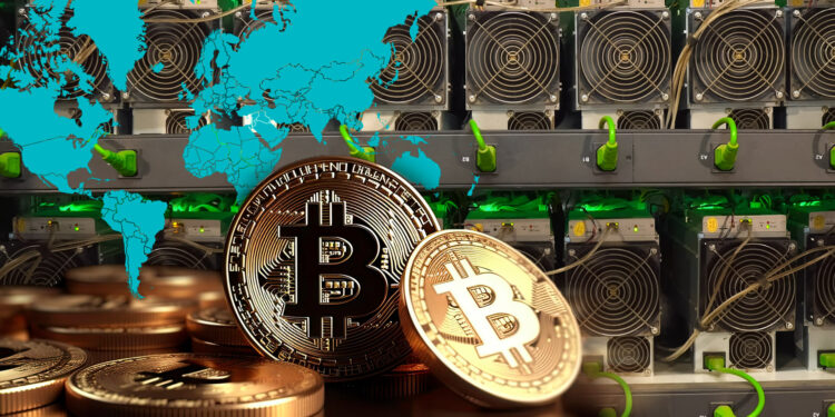 Bitcoin, mapa mundial y mineros de bitcoin.