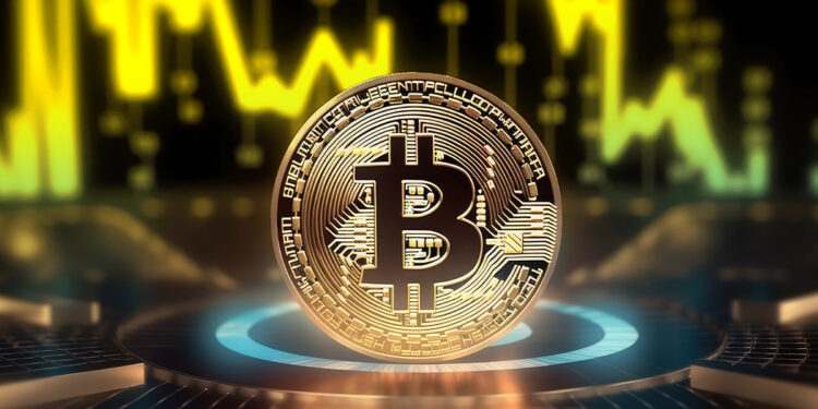 moneda de bitcoin en plataforma con grafico de precio en dorado en el fondo