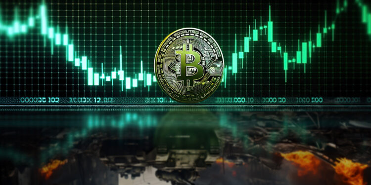 moneda de bitcoin con grafico de precio en verde en el fondo y guerra reflejada en superficie de cristal
