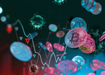 monedas de bitcoin cayendo con grafico de precio en el fondo y virus de COVID