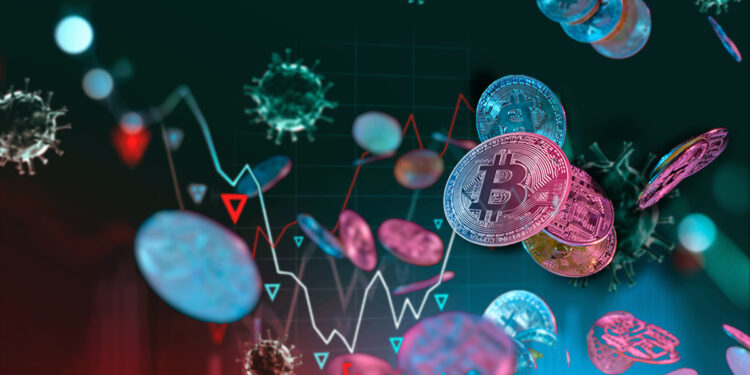 monedas de bitcoin cayendo con grafico de precio en el fondo y virus de COVID