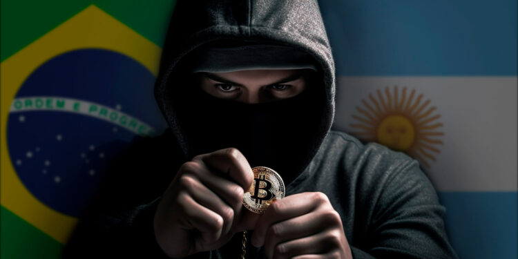 Banderas de Brasil y Argentina y ladrón de bitcoin.