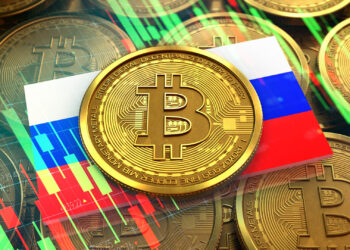 Bitcoin y bandera de Rusia.