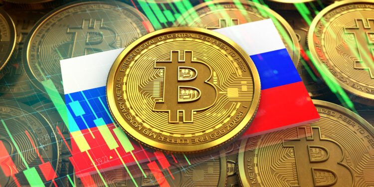 Bitcoin y bandera de Rusia.