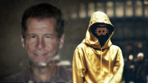 Satoshi nakamoto con imagen de Hal Finney en el fondo