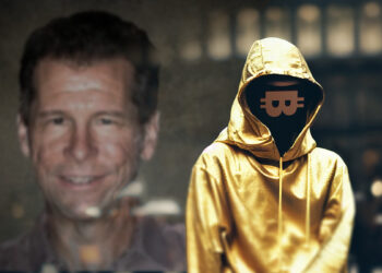 Satoshi nakamoto con imagen de Hal Finney en el fondo