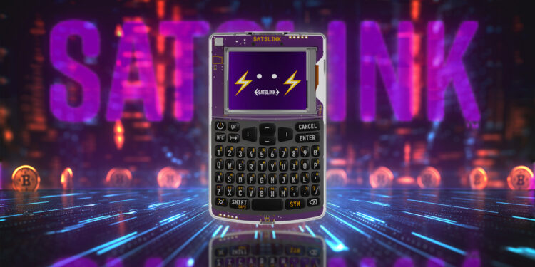 hardware wallet de bitcoin, satslink rodeado por monedas de bitcoin y logo en el fondo