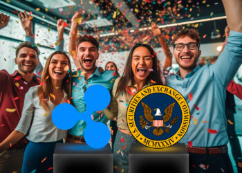 Ejecutivos celebrando y logo de la SEC y Ripple.