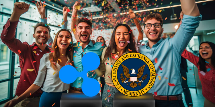Ejecutivos celebrando y logo de la SEC y Ripple.