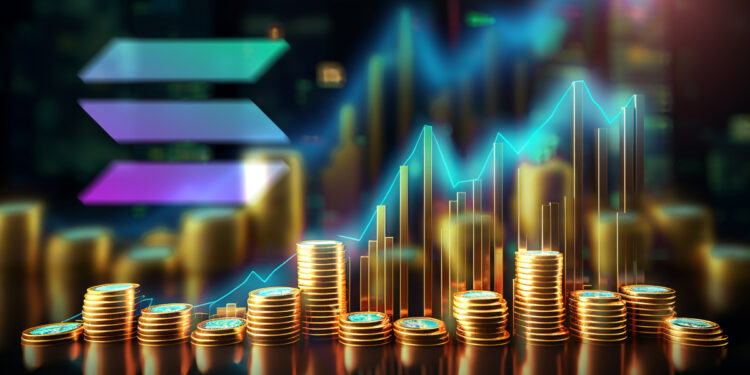 Monedas digitales con grafico de precio imitando monedas y grafico en el fondo junto a logo de Solana