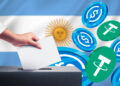 Persona votando, bandera de Argentina y stablecoins.