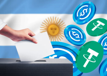 Persona votando, bandera de Argentina y stablecoins.