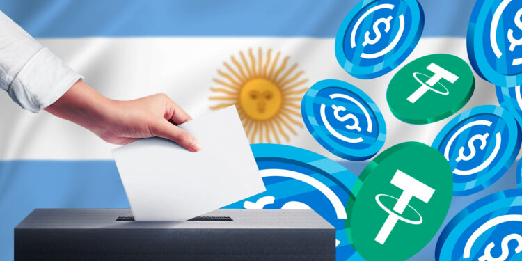 Persona votando, bandera de Argentina y stablecoins.