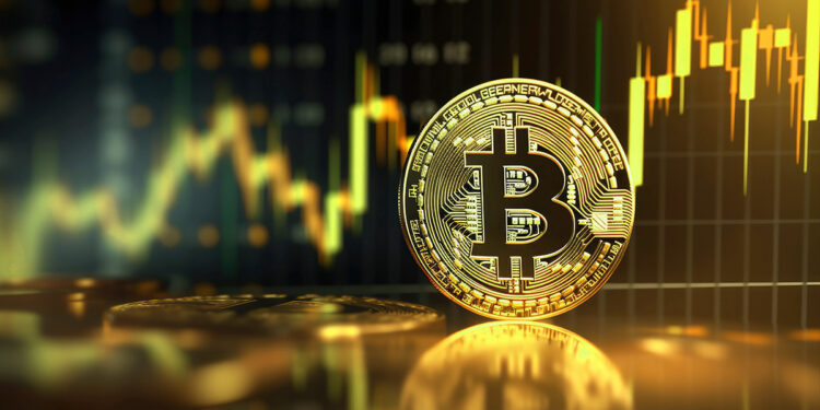 moneda de bitcoin con grafico de precio alcista en el fondo